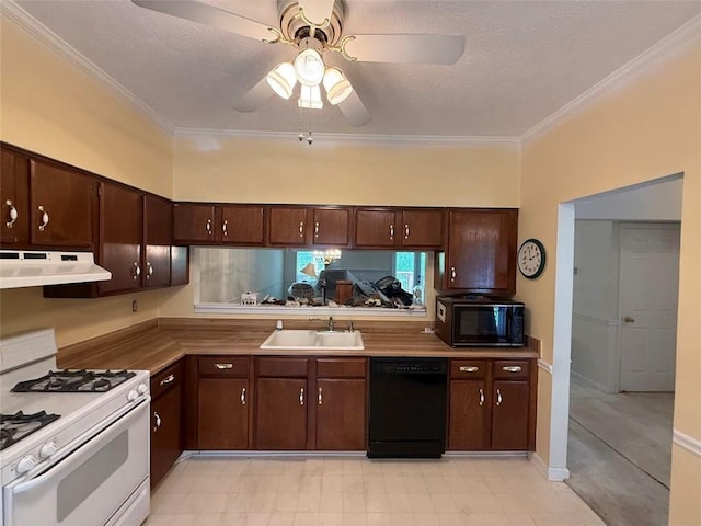 kitchen featuring a ceiling fan, ornamental molding, under cabinet range hood, a sink, and black appliances
