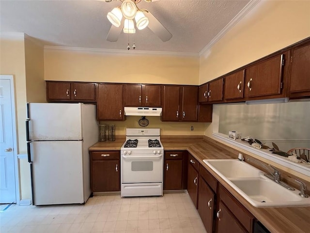 kitchen with a ceiling fan, a sink, ornamental molding, under cabinet range hood, and white appliances