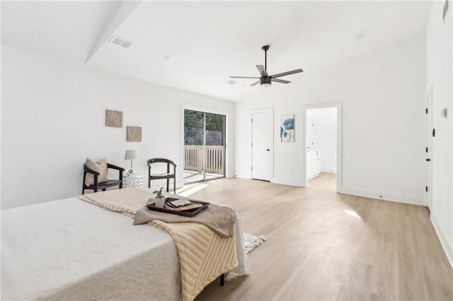 2010 Barnes Mill Rd, Marietta, GA 30062 - bedroom featuring light wood finished floors, access to exterior, and ceiling fan
