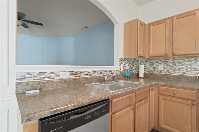 kitchen with ceiling fan, dishwasher, sink, and decorative backsplash