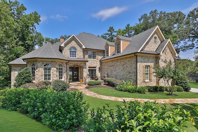 french country inspired facade with a front lawn