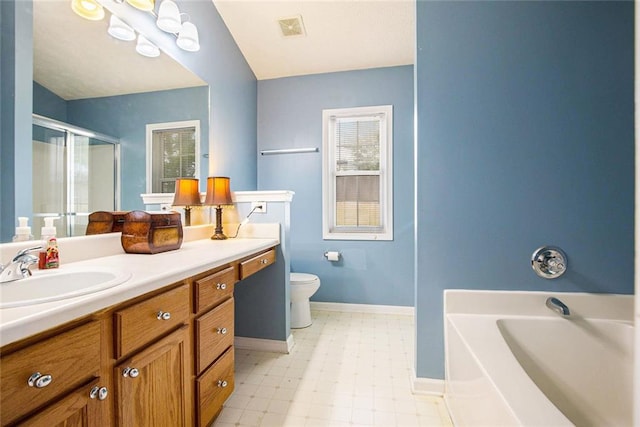 7057 Silver Bend Ovrlk, Austell, GA 30168 - bathroom with vanity, a bath, a shower stall, and tile patterned floors