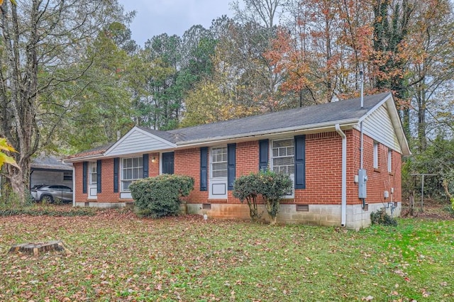 single story home with a shingled roof, crawl space, brick siding, and a front lawn