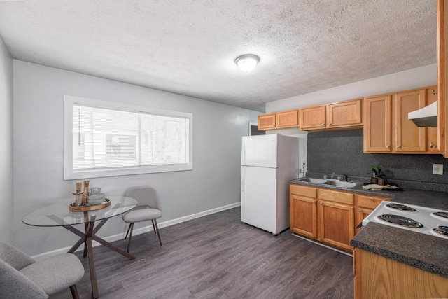 kitchen featuring baseboards, dark wood finished floors, dark countertops, freestanding refrigerator, and under cabinet range hood