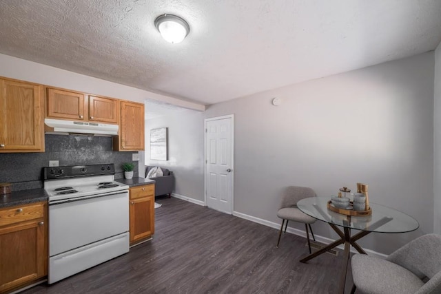 kitchen featuring under cabinet range hood, dark wood-type flooring, baseboards, tasteful backsplash, and white range with electric cooktop