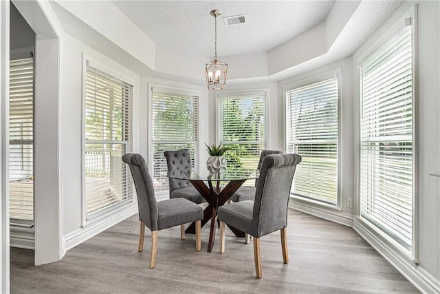 dining room featuring a chandelier, plenty of natural light, wood finished floors, baseboards, and a textured ceiling