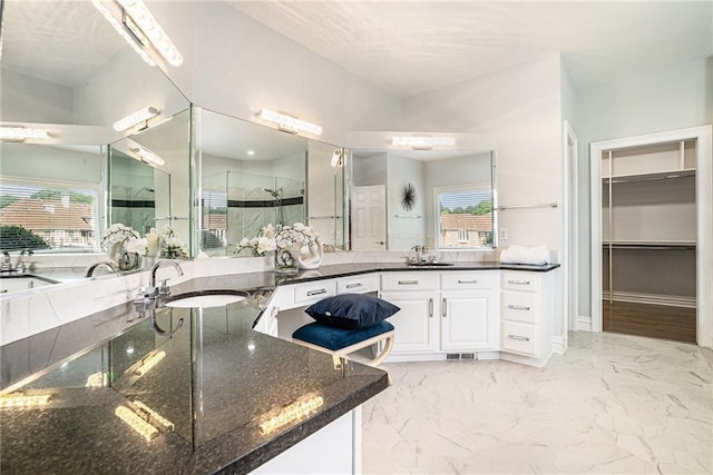 bathroom featuring a stall shower, vanity, a spacious closet, and a tub to relax in