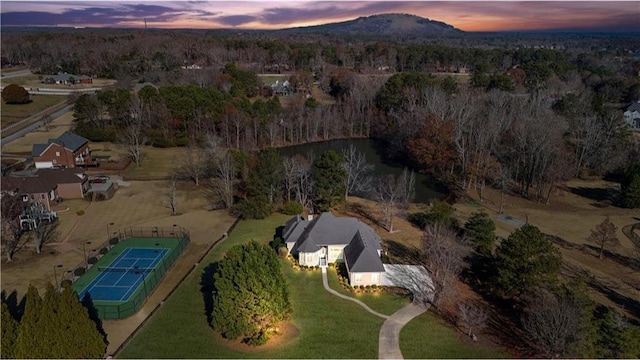 aerial view at dusk with a wooded view