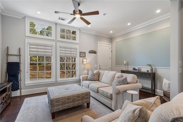 living area with a wealth of natural light, ornamental molding, ceiling fan, and dark wood-style flooring