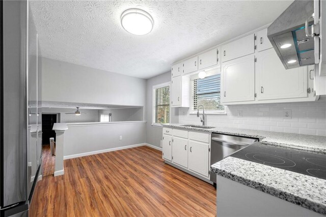 4347 Pleasant Ridge Rd, Decatur, GA 30034 - kitchen with exhaust hood, stainless steel appliances, backsplash, wood finished floors, and a sink