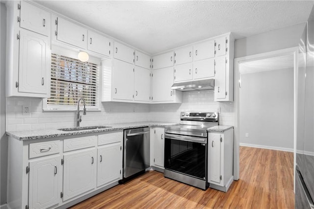 4347 Pleasant Ridge Rd, Decatur, GA 30034 - kitchen with white cabinets, a sink, light wood-style floors, under cabinet range hood, and appliances with stainless steel finishes