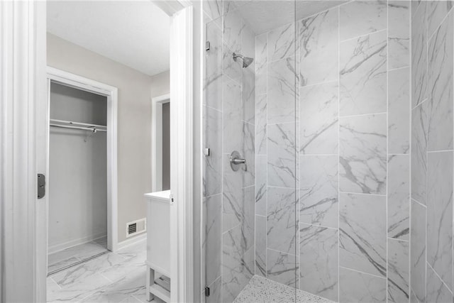 4347 Pleasant Ridge Rd, Decatur, GA 30034 - bathroom with a marble finish shower, baseboards, visible vents, a spacious closet, and marble finish floor