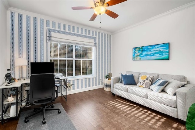 office area with ceiling fan, dark hardwood / wood-style floors, and ornamental molding