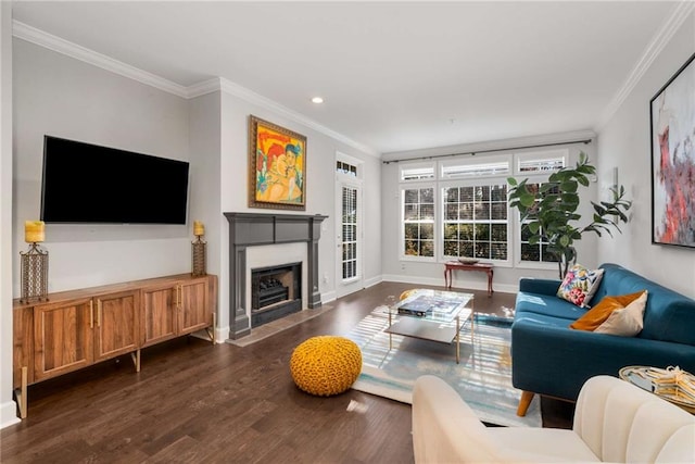 living room featuring ornamental molding and dark hardwood / wood-style floors