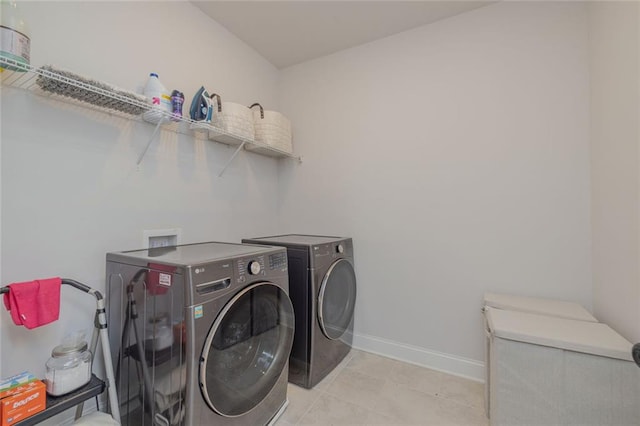 laundry room featuring laundry area, washer and clothes dryer, and baseboards