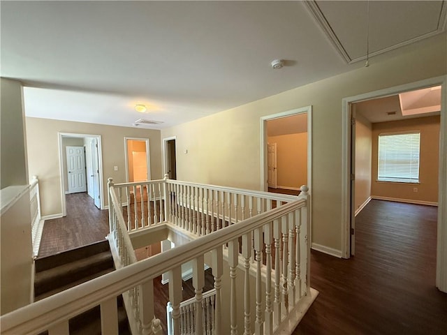 545 Platoro Ct SW, Atlanta, GA 30331 - hall featuring an upstairs landing, attic access, and dark wood-type flooring