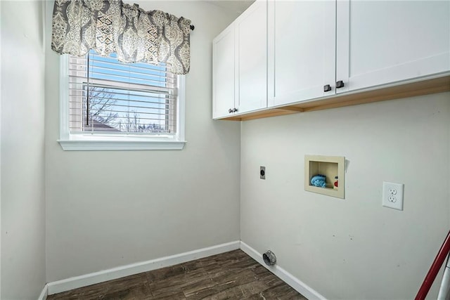 laundry area with cabinets, hookup for an electric dryer, dark wood-type flooring, and washer hookup