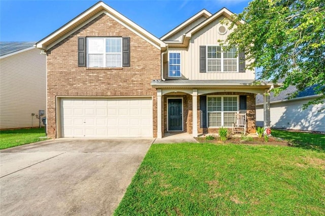 view of front of property with a garage, a porch, and a front lawn