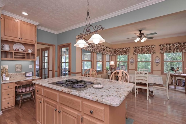 3743 Johnston Rd, Winston, GA 30187 - kitchen featuring electric cooktop, wood finished floors, light brown cabinetry, an office area, and crown molding