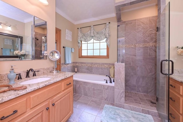 3743 Johnston Rd, Winston, GA 30187 - full bath with ornamental molding, vanity, a stall shower, a bath, and tile patterned floors