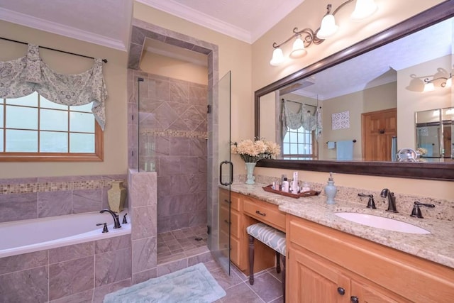 3743 Johnston Rd, Winston, GA 30187 - bathroom featuring vanity, a shower stall, a bath, crown molding, and tile patterned floors