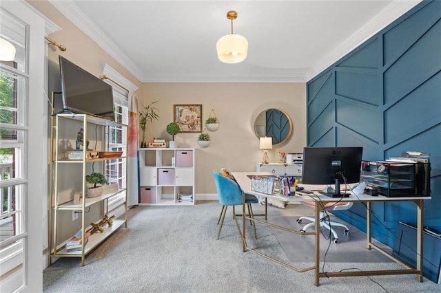 carpeted office space featuring baseboards and crown molding