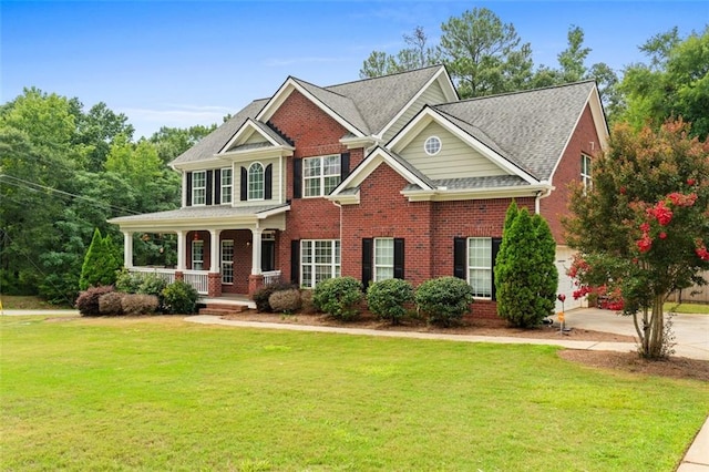 view of front of house featuring brick siding, a porch, a front lawn, and roof with shingles