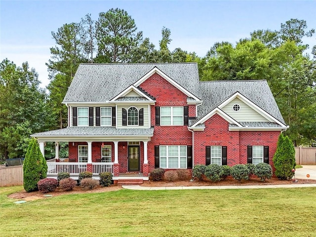 view of front of house with brick siding, covered porch, a front yard, and fence