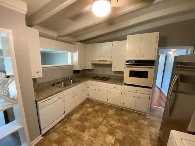 1177 Baker Ln, Marietta, GA 30062 - kitchen with white appliances, a sink, beamed ceiling, white cabinetry, and under cabinet range hood