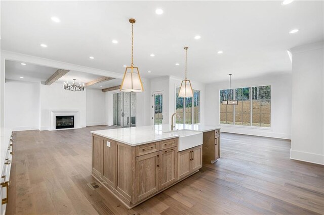 kitchen with an island with sink, a sink, a fireplace, wood finished floors, and open floor plan