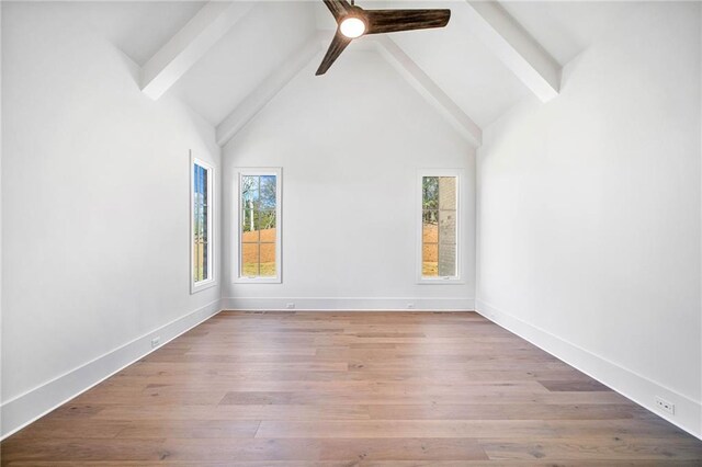 unfurnished room featuring high vaulted ceiling, beamed ceiling, ceiling fan, and wood finished floors