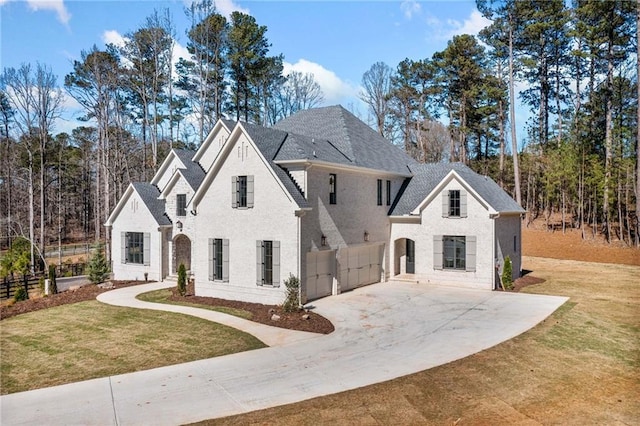 french provincial home featuring a front yard, driveway, and fence