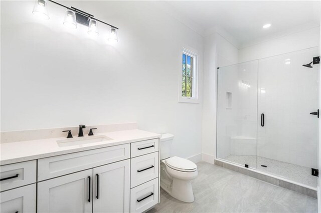full bath with a shower stall, toilet, and vanity