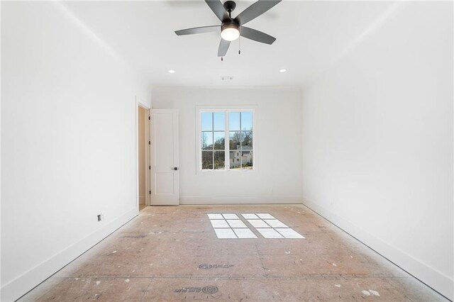 spare room with baseboards, recessed lighting, and a ceiling fan
