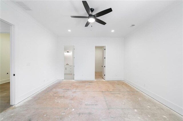 spare room featuring baseboards, visible vents, ceiling fan, and recessed lighting