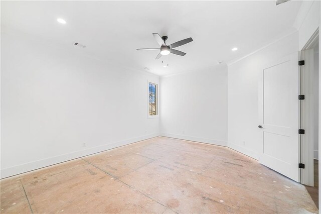 empty room with baseboards, crown molding, ceiling fan, and recessed lighting
