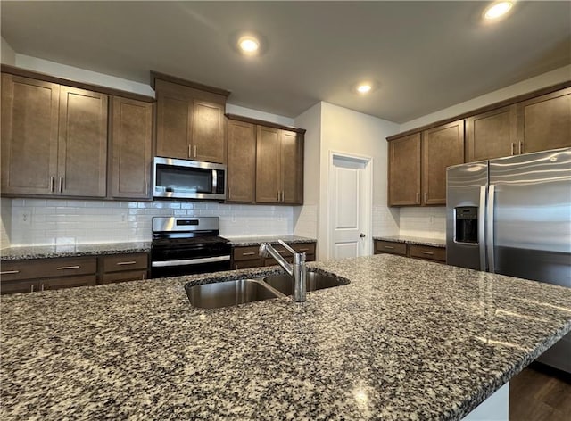 2277 Whitworth St, Lawrenceville, GA 30044 - kitchen featuring appliances with stainless steel finishes, a sink, tasteful backsplash, dark stone counters, and recessed lighting