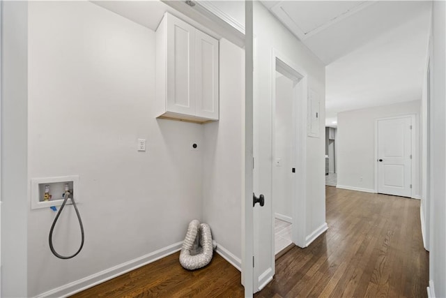 2340 Cresta Dr, Decatur, GA 30032 - laundry room with hookup for an electric dryer, cabinet space, dark wood-type flooring, hookup for a washing machine, and baseboards