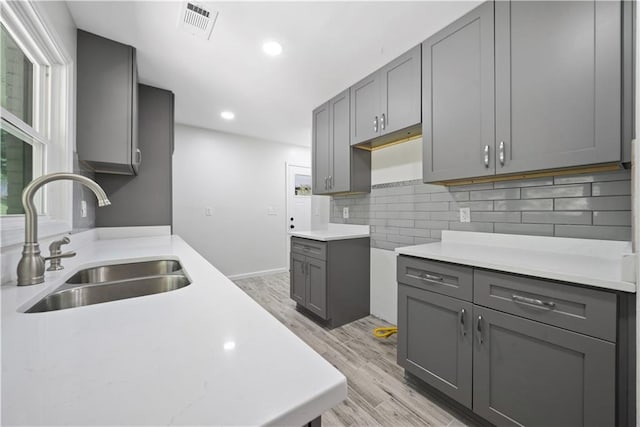 2340 Cresta Dr, Decatur, GA 30032 - kitchen with a sink, gray cabinetry, light wood-type flooring, backsplash, and light countertops