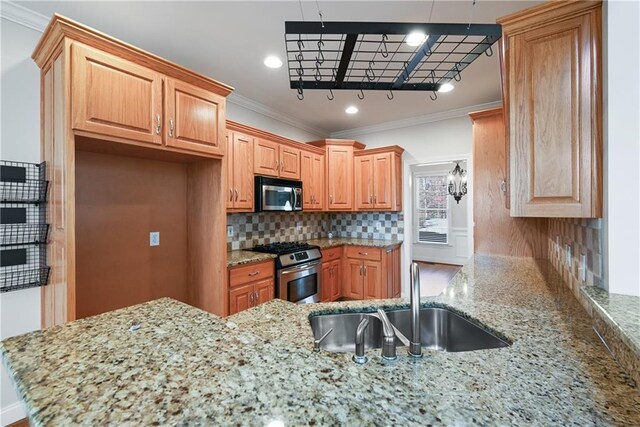 403 Pebblebrooke Ln, Canton, GA 30115 - kitchen with appliances with stainless steel finishes, a sink, ornamental molding, light stone countertops, and backsplash