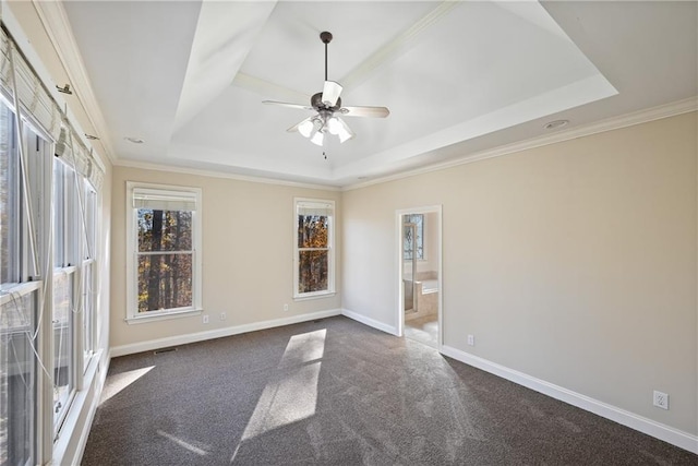 403 Pebblebrooke Ln, Canton, GA 30115 - empty room with a raised ceiling, ceiling fan, carpet, ornamental molding, and baseboards