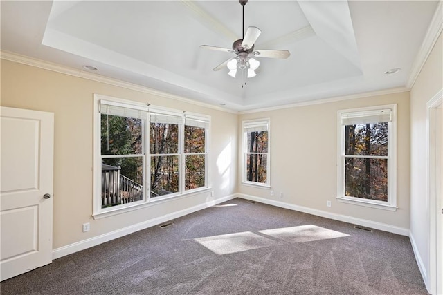 403 Pebblebrooke Ln, Canton, GA 30115 - empty room featuring a raised ceiling, ceiling fan, carpet, ornamental molding, and baseboards