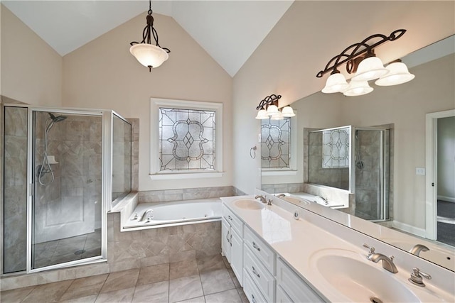 403 Pebblebrooke Ln, Canton, GA 30115 - full bath featuring a shower stall, a garden tub, double vanity, tile patterned floors, and high vaulted ceiling