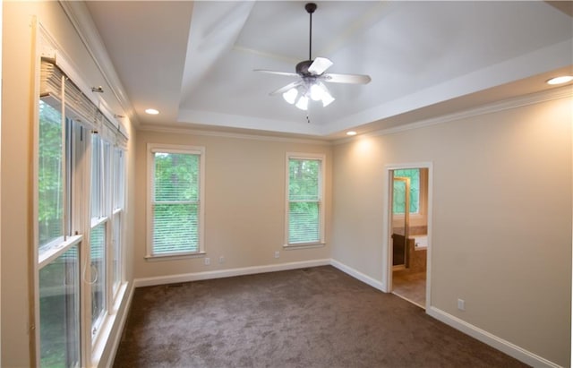 403 Pebblebrooke Ln, Canton, GA 30115 - empty room with carpet flooring, a raised ceiling, crown molding, ceiling fan, and baseboards