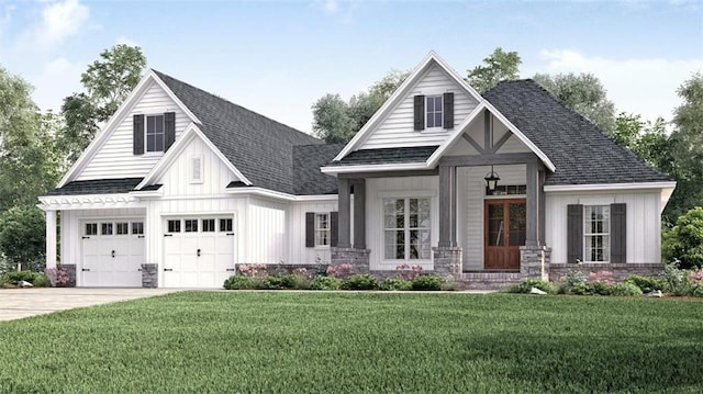 view of front of property with covered porch, a front yard, and a garage