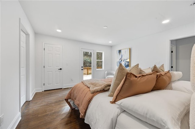 bedroom featuring dark wood-style flooring, recessed lighting, and baseboards