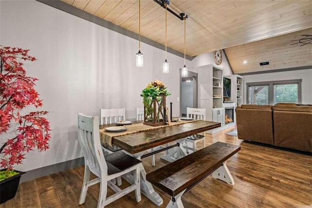 dining room featuring wood ceiling, ceiling fan, dark wood-type flooring, and vaulted ceiling