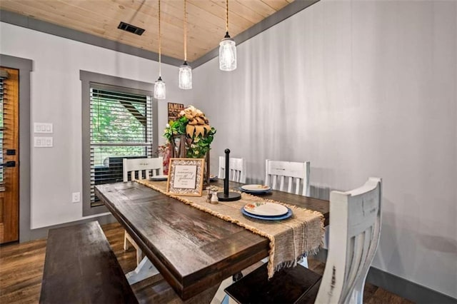 dining area featuring wooden ceiling and dark hardwood / wood-style flooring