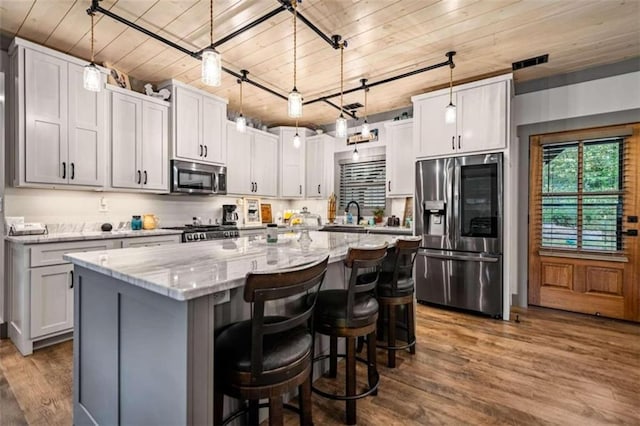 kitchen featuring dark hardwood / wood-style floors, pendant lighting, stainless steel appliances, and a kitchen island