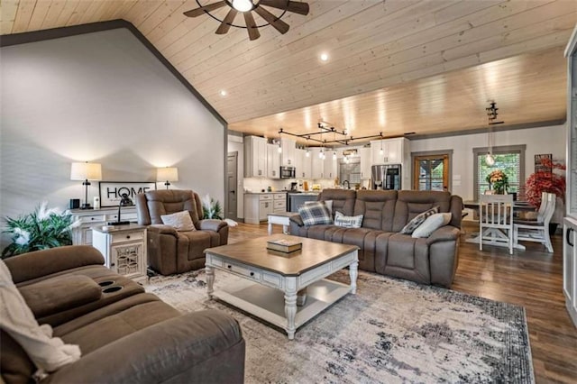 living room featuring wood ceiling, hardwood / wood-style flooring, high vaulted ceiling, and ceiling fan